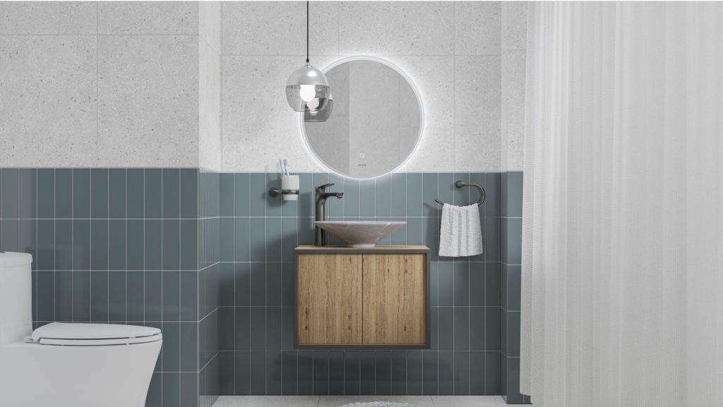 Ambiente baño Corona con lavamanos cónico marmolizado y mueble de madera elevado.